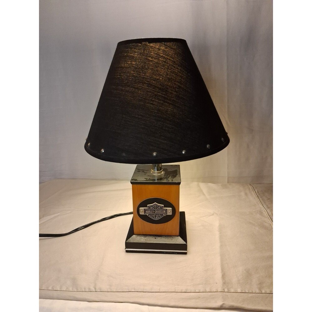 Harley Davidson Table Lamp Wood Base Metal Logo Studded Lampshade 2003. Works